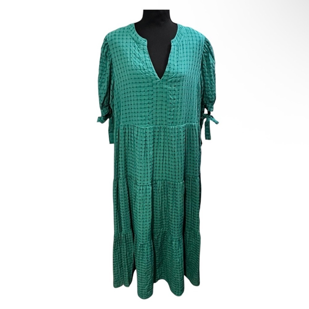 Indigo Soul Teal Tiered Boho Midi Dress XL | Prairie Cottagecore Peasant